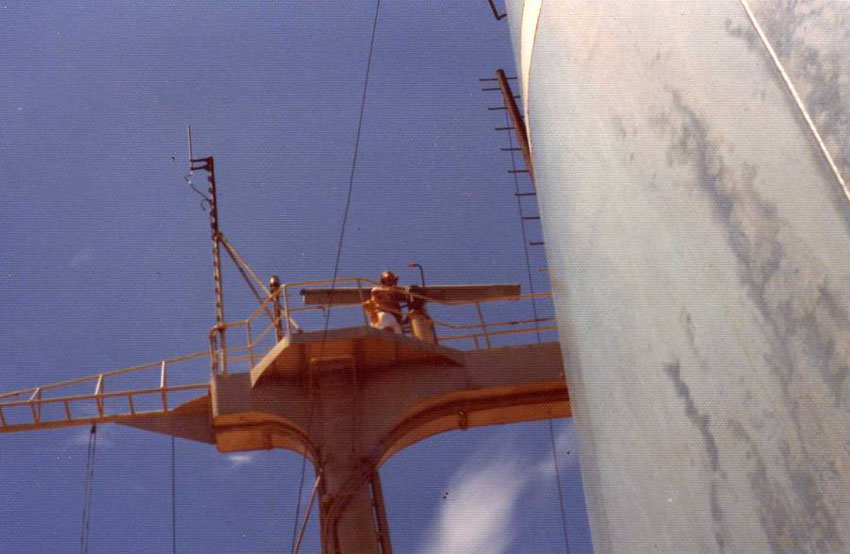 Derek carrying out scanner maintenance on Ardshiel. It was a very long way up to the top of that radar mast but you used to get some very good VHF reception with the aerials set that high.This photo completes the set of all 4 Ard class tankers. Ardshiel was the subject of a very well known book in the 1970's called "Supership" written by Noel Mostert.